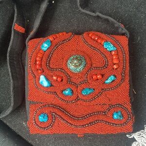 Handmade in India by Tibetan refugees turquoise & red  beaded crossbody bag